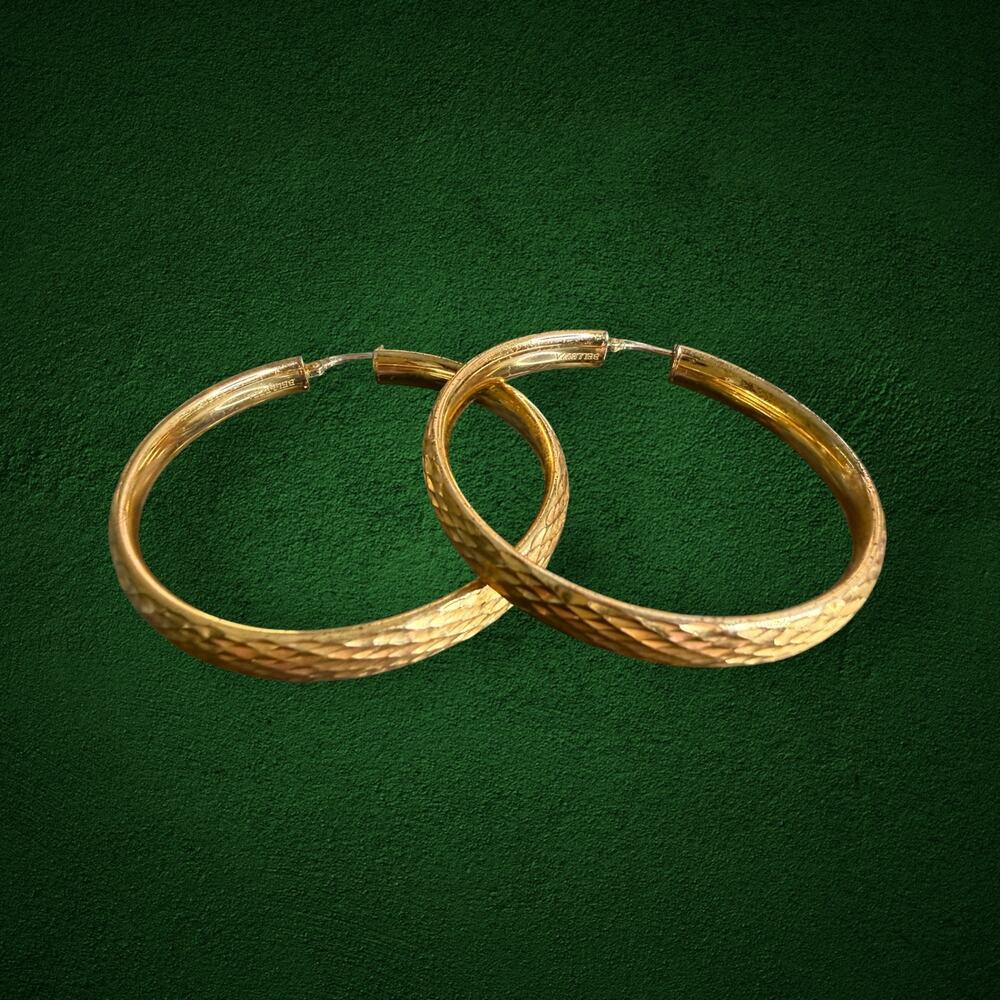 BELLEZZA ITAOR ITALY 925 Sterling Silver Gold Tone Textured Large Hoop Earrings
